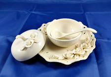 Ivory Porcelain Covered Sugar Bowl with Embossed Pink Orchid and Gold Trim — listing 2