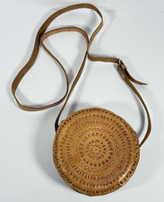 boho round crossbody Black Embossed Leather Round Canteen Crossbody Bag with Tassel — listing 2