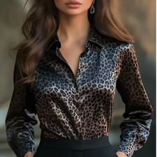 Women's Black and Leopard Print Long Sleeve Top with Chest Pocket XL — listing 2