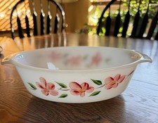 Vintage Milk Glass Casserole Dish with Green Floral Pattern and Clear Lid — listing 4