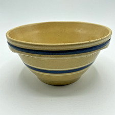 Vintage Yellowware Mixing Bowl with Blue Bands and Ribbed Exterior — listing 2