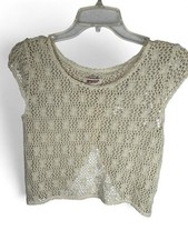 Open-Knit Crochet Long-Sleeve Cropped Sweater Top, Cream/Beige, Size Small — listing 4