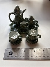 Miniature Blue Spongeware Pottery Tea Set, 9 Pieces (2.5" Tall)