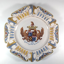 French Faience Handled Serving Dish with Armorial Crest and Floral Border, Octagonal Two-Handled Tray