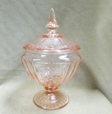 Art Deco Pink Depression Glass Footed Console Bowl with Chevron Pattern, 10" Diameter