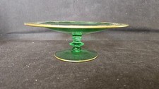 Vintage Green Glass Compote with Scrolled Stem and Ruffled Bowl