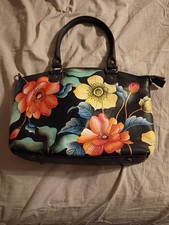 Anuschka Hand-Painted Leather Satchel Shoulder Bag with Tropical Lily Design