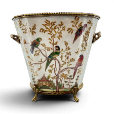 Chinoiserie Bird & Floral Cachepot / Jardinière with Cobalt Blue Scrollwork Ground — listing 3
