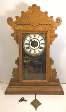 Antique Victorian Gingerbread Mantel Clock with Painted Case and Pendulum — listing 6