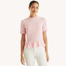 Nautica Jeans Pink Smocked Ruffle Short-Sleeve Blouse, Size L, NWT — listing 2