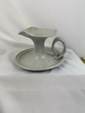 Studio Pottery Chamberstick Candle Holder with Applied Grape Cluster and Vine, Signed Piney Woods 1996