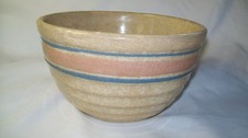 Vintage Yellowware Mixing Bowl with Blue Bands and Ribbed Exterior — listing 4