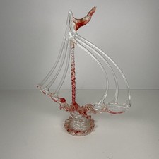 Spun Glass Sailing Ship Figurine with Blue Hull and Gold Sail Tips — listing 3