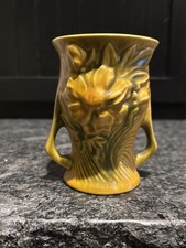 Roseville Pottery Peony Pattern Two-Handled Bugle Vase in Golden Tan — listing 6