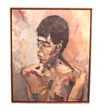 Mid-Century Oil Portrait of Young Boy in Red Shirt, Signed 'Kro' — listing 2