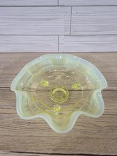 Antique Vaseline/Uranium Glass Footed Bowl with Opalescent Scalloped Rim and Floral Pattern, 8.5" — listing 4