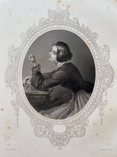 Vintage Victorian-Style Hand-Colored Etching Print of Young Woman in Garden, Carved Wood Frame with Linen Mat