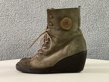 Paul Green Cognac Nubuck Lace-Up Combat Boots with Zipper Trim and Brogue Cap Toe