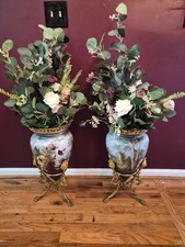 Pair of Antique-Style French Porcelain Covered Urns with Gilt Griffin Handles and Ormolu Bases — listing 6