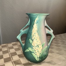 Roseville Pottery Foxglove Vase, Shape 152-12, Blue Two-Handled Floor Vase — listing 3