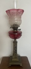 Victorian Cranberry Glass Twin-Burner Oil Lamp with Etched Tulip Shade on Brass Corinthian Column