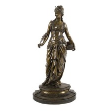 Cast Metal Figural Statue of a Woman in Flowing Dress, Draped Semi-Nude on Circular Plinth