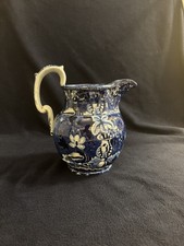 Antique Blue Transferware Ironstone Milk/Wash Pitcher with Floral Scroll Pattern