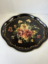 Vintage Hand-Painted Tole Serving Tray, Black with Rosemaling-Style Floral Decoration — listing 3