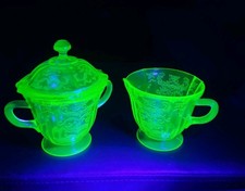 Green Uranium Depression Glass Two-Handled Covered Sugar Bowl with Ribbed Panel Design