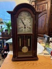 Vintage Tempus Fugit 31-Day Key-Wind Wall Clock with Arched Wood Case and Brass Pendulum — listing 5