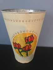 Vintage Toleware Hand-Painted Floral Metal Wastebasket with Reticulated Rim
