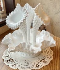 Fenton White Milk Glass Hobnail Ruffled Epergne, 3-Horn Bowl Set, 6 1/2 inches, listing 2
