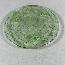 Green Depression Glass Footed Cake Plate with Sunburst and Floral Center Pattern — listing 4