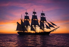 Framed Black & White Photographic Print of Tall Ship at Sunset — listing 6