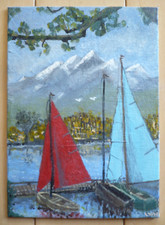 Original Oil Painting Harbor Scene with Sailboats at Sunset, Signed — listing 4