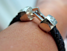 Sterling Silver 925 Multi-Strand Black Leather Cuff Bracelet with Magnetic Clasp, Israel
