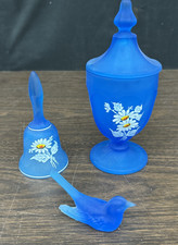 Blue Satin Milk Glass Figural Covered Dish with Chick/Bird Finial on Tri-Leg Base — listing 4