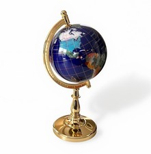 Gemstone Inlaid Semi-Precious Stone World Globe on Brass Stand with Compass — listing 4
