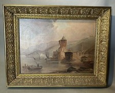 Antique Oil Painting Coastal Harbor Scene with Figures, Signed, in Ornate Gilt Frame — listing 4