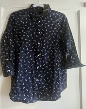 Chaps Navy Blue and White Geometric Print Short Sleeve Top, Women's Medium