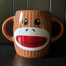 Sock Monkey Ceramic Double-Handled Mug with Knit-Pattern Design — listing 3