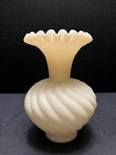 Fenton Custard Satin Glass Ruffled Vase, Hand-Painted Floral, 11 inch — listing 6