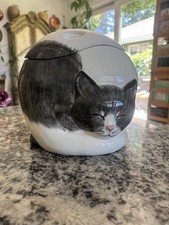 Ceramic Figural Cat Cookie Jar, Hand-Painted Calico with Bow — listing 4