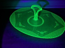 Green Uranium Depression Glass Center-Handle Serving Platter with Sunflower Floral Pattern, 11 inches — listing 4