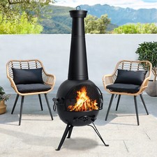 Cast Iron Chiminea Outdoor Fireplace with Mesh Fire Bowl and Chimney Lid