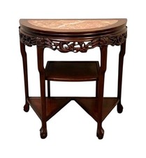 Demilune Console Table and Round Side Table Set, Marble Top with Wrought Iron Leaf Scroll Base — listing 3