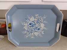 Nashco Hand-Painted Tole Metal Tray with Pierced Rim, Blue Floral Design — listing 2