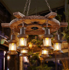 Vintage 8-Light Wood-Arm Chandelier with Amber Tulip Glass Shades — listing 5