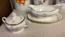 Pope-Gosser China Gravy Boat with Underplate and Platters, Ivory with Gold Band — listing 5