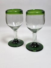 Mexican Hand Blown Recycled Glass Goblet with Green Rim — listing 2